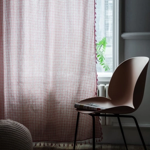 Pink gingham cotton linen curtain with decorative tassels for kitchen and small windows