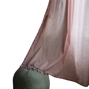 Pink checkered cotton linen curtain with decorative fringe for Japanese style windows