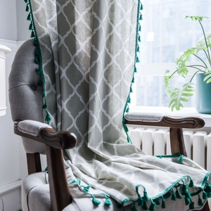 Modern green geometric pattern curtains with elegant tassel trim and cotton linen fabric