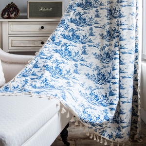 French Country Toile De Jouy Cotton Linen Curtains With Beige Tassels Blue White Semi Shading Window Drapes For Dining Room Kitchen