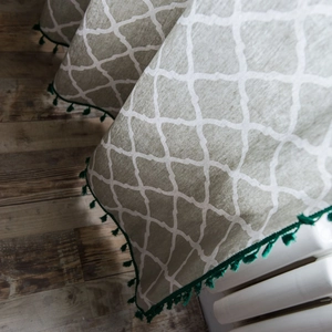 Green tassel geometric cotton linen curtain with American style pattern for small windows