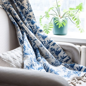 Blue and white cotton linen curtain with Toile de Jouy floral landscape and tassels