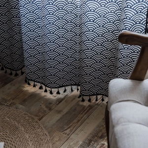 Navy Japanese wave print curtain with cotton linen fabric and black tassel decorative edge