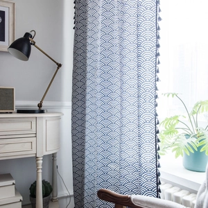 Japanese style navy blue wave pattern cotton linen curtain with decorative black tassels