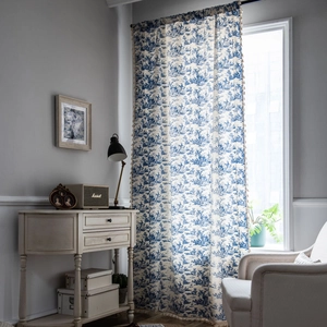 French country cotton linen curtain with blue toile de jouy print and elegant tassels