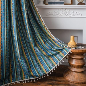 Bohemian striped cotton linen curtain with tassel trim for a vibrant home decor style