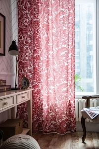 Close-up of red Baroque floral cotton linen curtain showing semi-sheer fabric texture