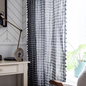 Japanese style black plaid cotton linen curtain with fringe tassels for small kitchen windows
