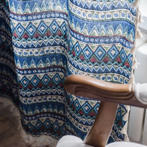 Bohemian blue geometric print cotton linen curtain with white tassels for kitchen