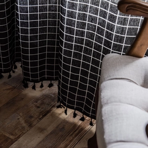 Japanese style black and white grid curtains with elegant tassels for kitchen and small windows