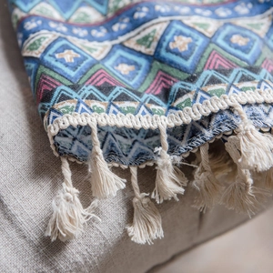 Blue geometric bohemian cotton linen curtain with tassel trim and ethnic pattern