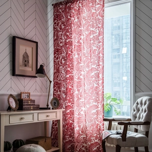 Red baroque floral cotton linen curtain in classic vintage pattern for indoor home decor
