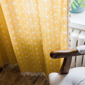 Yellow geometric pattern curtain with tassel fringe for small windows in Japanese style