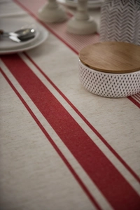 Macro detail of red and beige striped linen fabric texture for rectangle tablecloth