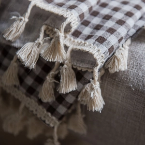 Tenda per finestra giapponese in cotone e lino a quadretti marroni con decoro a frange