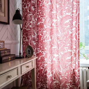 Red baroque floral cotton linen curtains featuring vintage botanical print for home decor