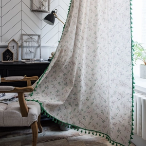 Green Floral Tassel Window Curtains For Bedroom Farmhouse Semi Shading Cotton Linen Look Tassel Fringe Printed Cafe Curtains
