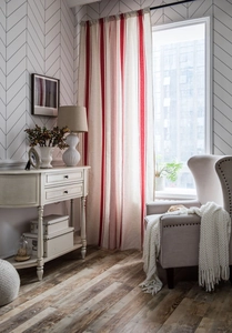 Close-up of red and white striped cotton linen curtain in American country style