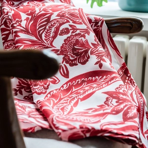 Red Baroque floral cotton linen curtains with vintage botanical print for kitchen