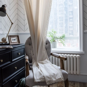 Japanese style cream white cotton linen lace curtain for kitchen and bay window