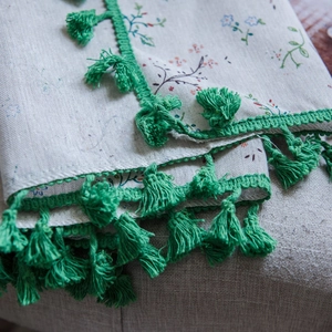 Floral print cotton linen tablecloth with green tassel edge, rustic garden style decor