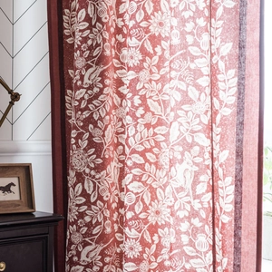 Tende vintage arancioni con stampa di uccelli e fiori in stile lino rustico