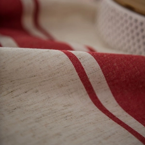 Linen cotton striped tablecloth in beige and red, rustic Nordic style table cover