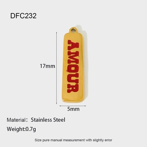Detailed specs of 17mm gold stainless steel AMOUR rectangle pendant with red letters