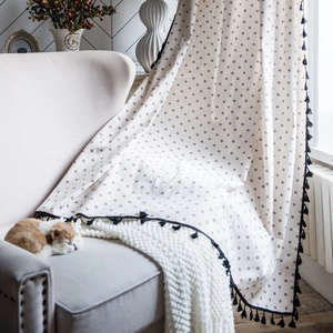 Korean Style Cotton Daisy Print Kitchen Curtain Semi Shading Window Tier Curtain With Tassel Fringe For Cafe Home Decor