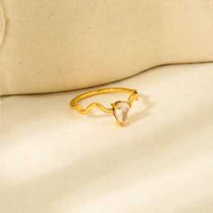 18K gold plated stainless steel wave ring with pear shaped cubic zirconia stone