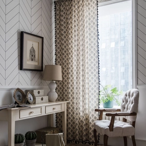 American farmhouse cotton linen curtain with tree print and black pompom tassels