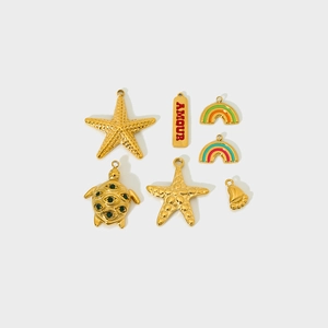 Golden sea turtle and starfish pendants with colorful enamel rainbow and AMOUR tag