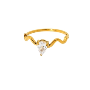 Minimalist wavy 18K gold plated stainless steel ring featuring a pear-cut zircon stone