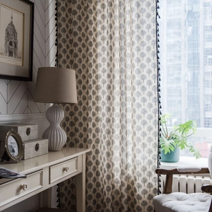 Rustic cotton linen curtain with tree print and black tassel trim for small windows