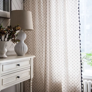Linen cotton daisy print curtain with black tassels for a cozy Nordic home interior decoration