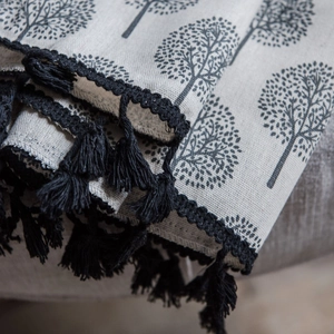 American country cotton linen window curtain with tree print and black tassel trim