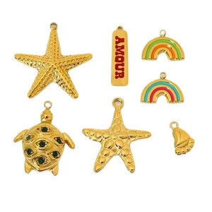 Gold stainless steel ocean pendants featuring sea turtles, stars and rainbow charms for DIY