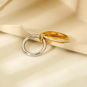 Dual-layer 18K gold plated stainless steel stacked ring with sparkling pavé zircons