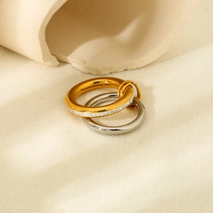 Double Layer Interlocking Ring Stainless Steel 18K Gold Plated Rhinestone Inlaid Geometric Finger Ring For Women Fashion Jewelry