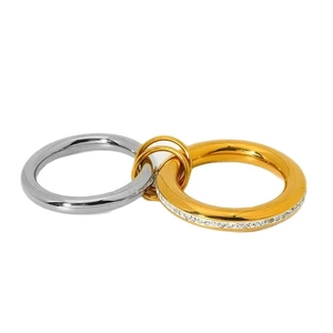 Polished double-layered stainless steel ring set with sparkling CZ stones and 18K gold plating