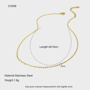 Detail of 2mm gold plated stainless steel cable chain necklace with size dimensions
