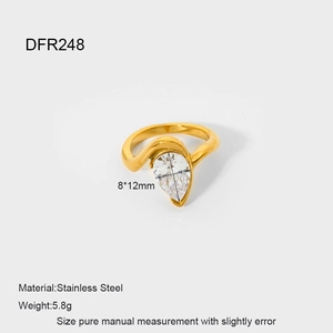 Detailed view of an 18K gold plated ring featuring a large 8x12mm pear-shaped zircon stone