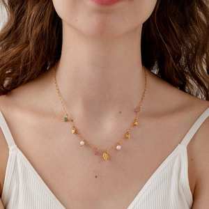 Bohemien Roestvrij Staal PVD 18K Vergulde Halsketting Met Zoetwaterparel Natuursteen Gehamerde Munt Hanger Voor Vrouwen