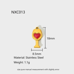 Polished stainless steel wine cup pendant with red heart, 18mm height detail and specs