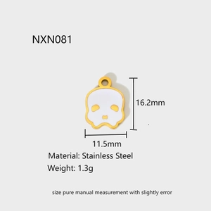 Detailed specs of the gold skeleton pendant showing dimensions and stainless steel material