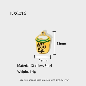 Detail view of yellow stainless steel coffee cup charm with green and white accents