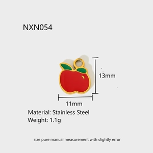 Detail view of apple charm with 13mm by 11mm dimensions and stainless steel material info