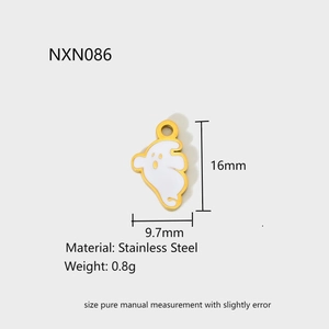 Detailed view of white enamel mummy ghost pendant with stainless steel golden edges