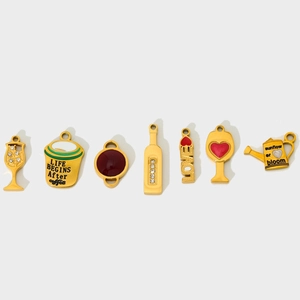 Stainless Steel Gold Plated Pendants DIY Jewelry Accessories Wine Glass Bottle Coffee Cup Heart Rhinestone Inlaid Charms