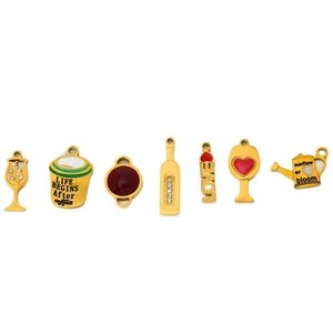 Gold plated stainless steel wine cup and bottle charms with zircon stones for DIY jewelry